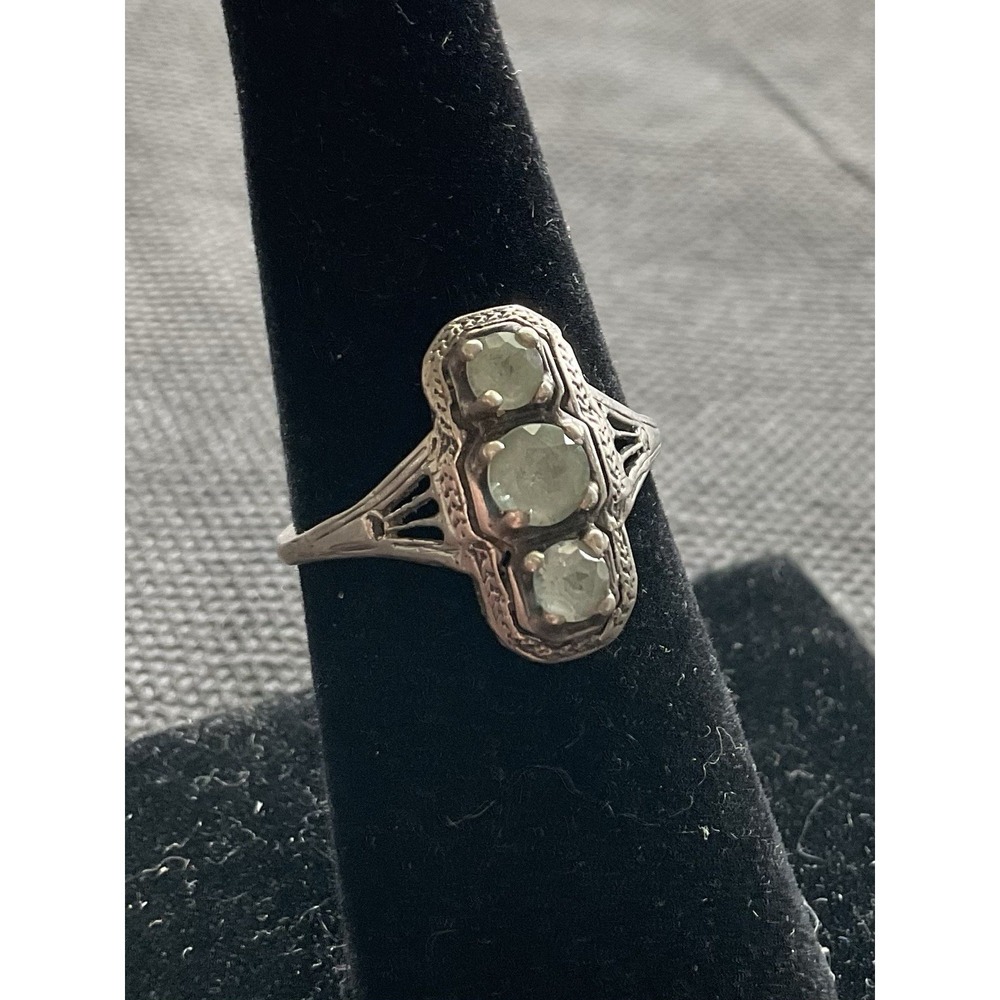 Vintage 925 Sterling Silver Ring Size 6.5 Art Deco-style Green Stones Estate J